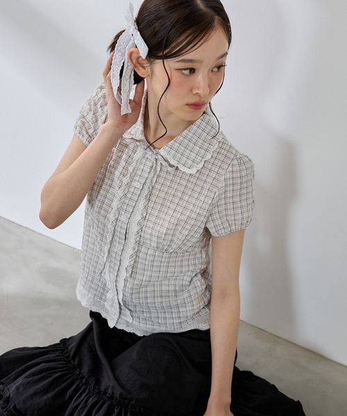 P.V.T(ピーブイティー)の「チェックレースブラウス(シャツ/ブラウス・レディース・ブルー/ホワイト/ネイビー・M)」の7枚目の写真