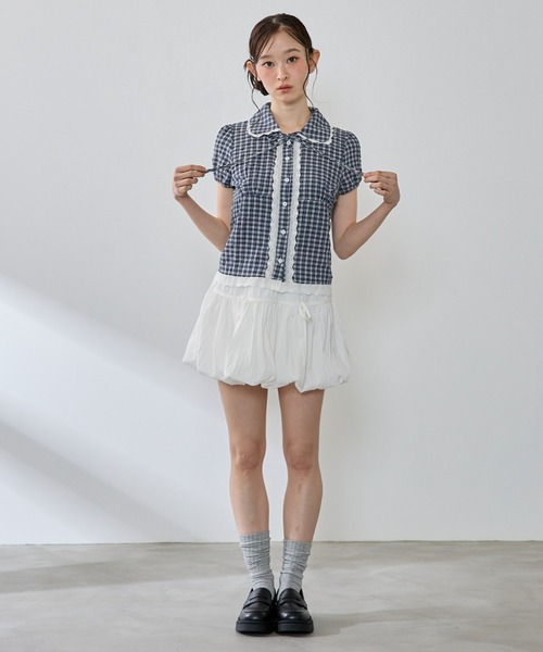 P.V.T(ピーブイティー)の「チェックレースブラウス(シャツ/ブラウス・レディース・ブルー/ホワイト/ネイビー・M)」の21枚目の写真