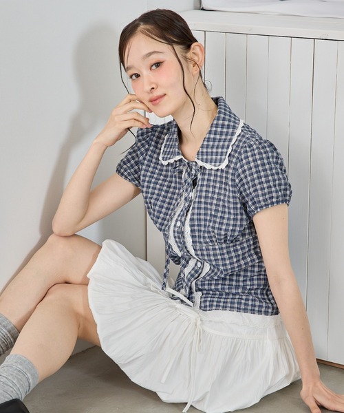 P.V.T(ピーブイティー)の「チェックレースブラウス(シャツ/ブラウス・レディース・ブルー/ホワイト/ネイビー・M)」の22枚目の写真
