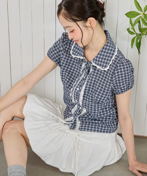 P.V.T(ピーブイティー)の「チェックレースブラウス(シャツ/ブラウス・レディース・ブルー/ホワイト/ネイビー・M)」の14枚目の写真