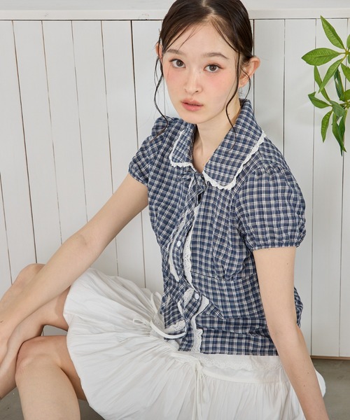 P.V.T(ピーブイティー)の「チェックレースブラウス(シャツ/ブラウス・レディース・ブルー/ホワイト/ネイビー・M)」の15枚目の写真