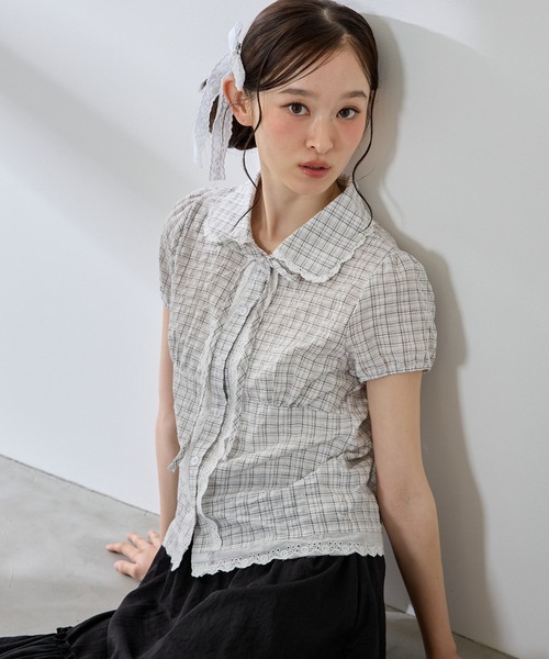P.V.T(ピーブイティー)の「チェックレースブラウス(シャツ/ブラウス・レディース・ブルー/ホワイト/ネイビー・M)」の12枚目の写真