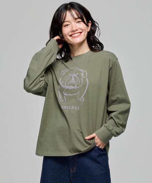 KRIFF MAYER Lady's Collection（クリフメイヤーレディースコレクション）の「SUN&MOONロンT(ブルドッグ)（Tシャツ/カットソー・レディース・グレー/ブラック/カラフル/オフホワイト/オリーブ・LARGE/MEDIUM）」の4枚目の写真