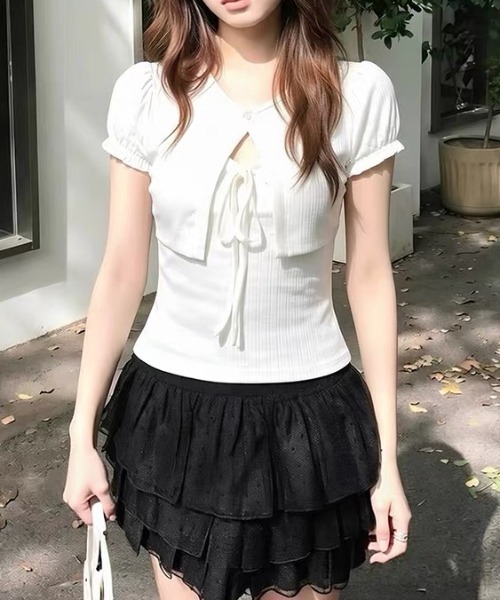 ViViDAY（ビビデー）の「【2点セット】フロントリボンキャミソール＋ボリューム半袖カーディガン（Tシャツ/カットソー・レディース・ホワイト・M）」の7枚目の写真