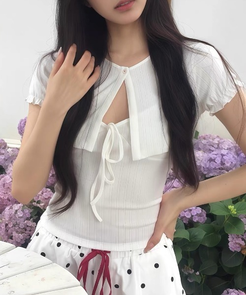 ViViDAY（ビビデー）の「【2点セット】フロントリボンキャミソール＋ボリューム半袖カーディガン（Tシャツ/カットソー・レディース・ホワイト・M）」の16枚目の写真