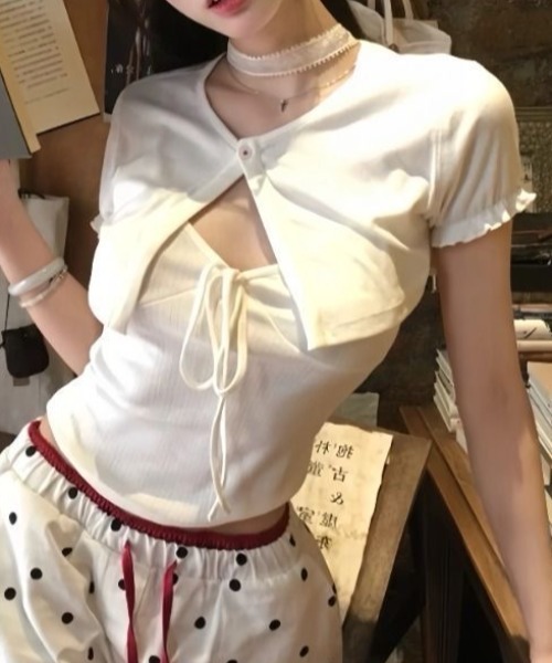ViViDAY（ビビデー）の「【2点セット】フロントリボンキャミソール＋ボリューム半袖カーディガン（Tシャツ/カットソー・レディース・ホワイト・M）」の5枚目の写真