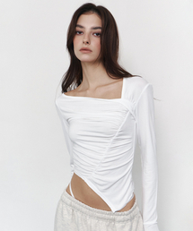 Sadie Unbal Shirring Long Sleeve Top (White)