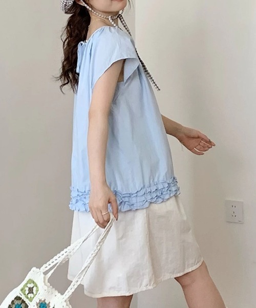 shoppinggo(ショッピングゴー)の「ブラウス バックリボン シャツ トップス きれいめ 半袖 鎖骨見せ スキッパーブラウス オフィス カジュアル 半袖 ブラウス フリル袖 おしゃれ 韓国風 フォーマル 通勤OL(シャツ/ブラウス・レディース・ブラック/ブルー/ホワイト・M)」の10枚目の写真
