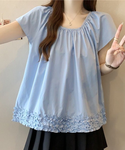 shoppinggo(ショッピングゴー)の「ブラウス バックリボン シャツ トップス きれいめ 半袖 鎖骨見せ スキッパーブラウス オフィス カジュアル 半袖 ブラウス フリル袖 おしゃれ 韓国風 フォーマル 通勤OL(シャツ/ブラウス・レディース・ブラック/ブルー/ホワイト・M)」の13枚目の写真