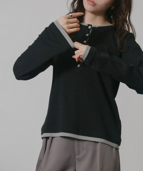 NYLAUS(ナイラス)の「【SG】バイカラー ヘンリーネック ロンT 長袖 Tシャツ レイヤード風(Tシャツ/カットソー・レディース・ブラック/グレイッシュベージュ・M)」の4枚目の写真