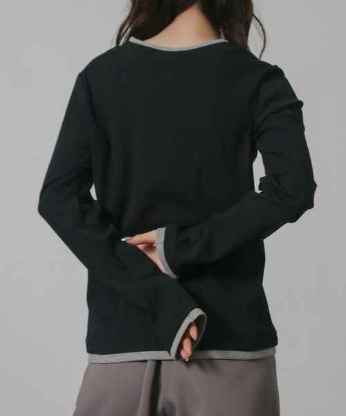 NYLAUS(ナイラス)の「【SG】バイカラー ヘンリーネック ロンT 長袖 Tシャツ レイヤード風(Tシャツ/カットソー・レディース・ブラック/グレイッシュベージュ・M)」の7枚目の写真