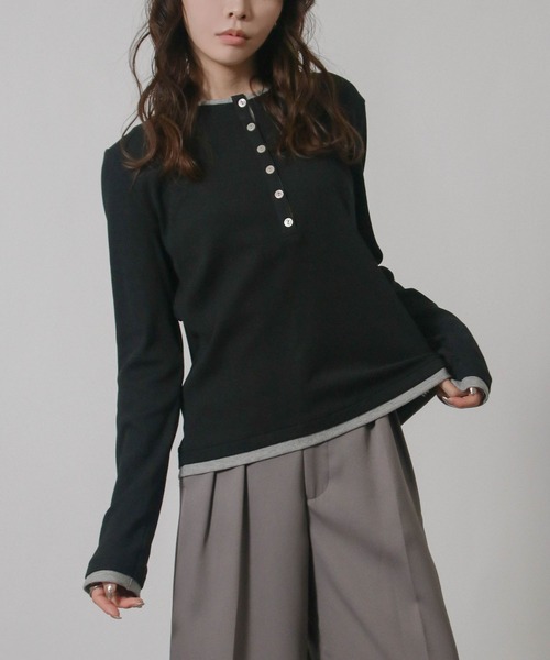 NYLAUS(ナイラス)の「【SG】バイカラー ヘンリーネック ロンT 長袖 Tシャツ レイヤード風(Tシャツ/カットソー・レディース・ブラック/グレイッシュベージュ・M)」の8枚目の写真