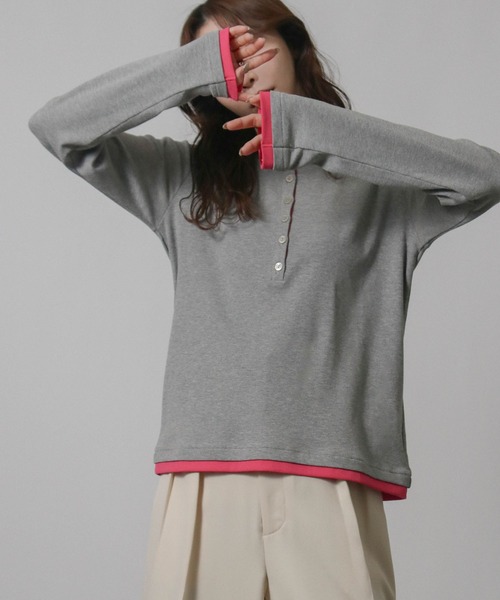 NYLAUS(ナイラス)の「【SG】バイカラー ヘンリーネック ロンT 長袖 Tシャツ レイヤード風(Tシャツ/カットソー・レディース・ブラック/グレイッシュベージュ・M)」の10枚目の写真