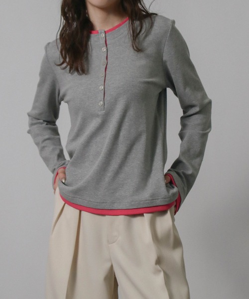 NYLAUS(ナイラス)の「【SG】バイカラー ヘンリーネック ロンT 長袖 Tシャツ レイヤード風(Tシャツ/カットソー・レディース・ブラック/グレイッシュベージュ・M)」の11枚目の写真