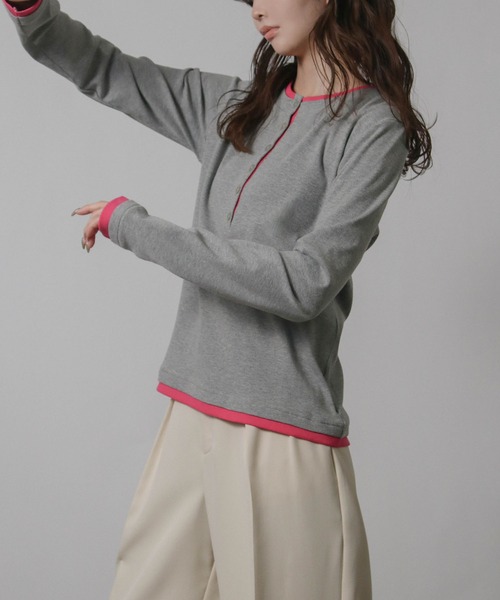 NYLAUS(ナイラス)の「【SG】バイカラー ヘンリーネック ロンT 長袖 Tシャツ レイヤード風(Tシャツ/カットソー・レディース・ブラック/グレイッシュベージュ・M)」の12枚目の写真