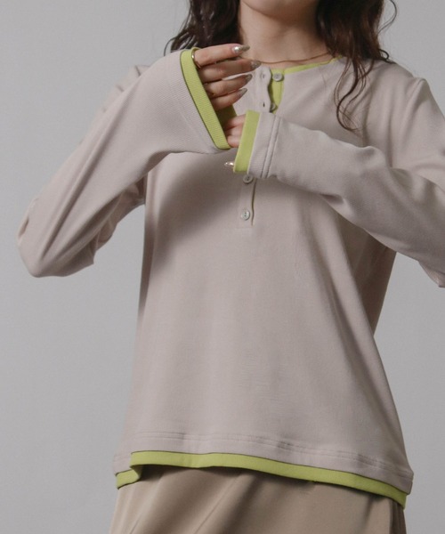 NYLAUS(ナイラス)の「【SG】バイカラー ヘンリーネック ロンT 長袖 Tシャツ レイヤード風(Tシャツ/カットソー・レディース・ブラック/グレイッシュベージュ・M)」の16枚目の写真