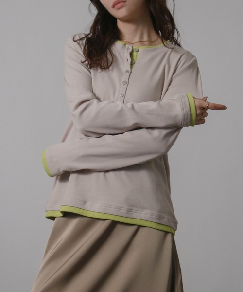 NYLAUS(ナイラス)の「【SG】バイカラー ヘンリーネック ロンT 長袖 Tシャツ レイヤード風(Tシャツ/カットソー・レディース・ブラック/グレイッシュベージュ・M)」の17枚目の写真