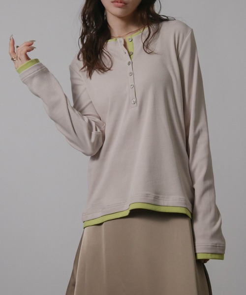 NYLAUS(ナイラス)の「【SG】バイカラー ヘンリーネック ロンT 長袖 Tシャツ レイヤード風(Tシャツ/カットソー・レディース・ブラック/グレイッシュベージュ・M)」の18枚目の写真