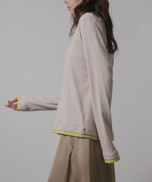 NYLAUS(ナイラス)の「【SG】バイカラー ヘンリーネック ロンT 長袖 Tシャツ レイヤード風(Tシャツ/カットソー・レディース・ブラック/グレイッシュベージュ・M)」の19枚目の写真
