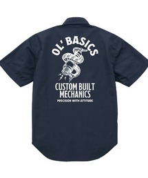 Ol' Basics(オール・ベーシックス) ワークシャツ レディース ユニセックス スパークプラグ 蛇 スネーク イラスト ロゴ バックプリント 半袖 カジュアルシャツ 半袖シャツ トップス ワーク ミリタリー アメカジ カジュアル