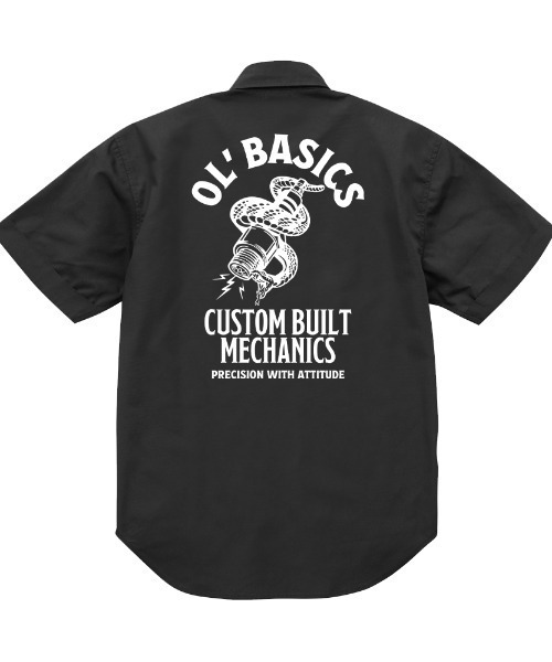 Ol' Basics(オールベーシックス)の「Ol' Basics(オール・ベーシックス) ワークシャツ レディース ユニセックス スパークプラグ 蛇 スネーク イラスト ロゴ バックプリント 半袖 カジュアルシャツ 半袖シャツ トップス ワーク ミリタリー アメカジ カジュアル(シャツ/ブラウス・レディース・ダークネイビー/ブラック・S)」の2枚目の写真