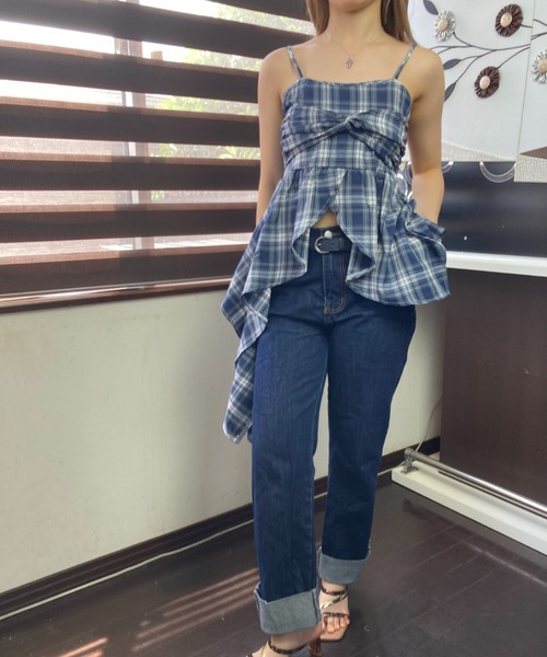 tolene(トレネ)の「タータンチェック柄 アシンメトリーペプラムフレア ビスチェ キャミソール(キャミソール・レディース・イエロー/ネイビー・FREE)」の17枚目の写真