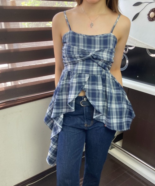 tolene(トレネ)の「タータンチェック柄 アシンメトリーペプラムフレア ビスチェ キャミソール(キャミソール・レディース・イエロー/ネイビー・FREE)」の5枚目の写真