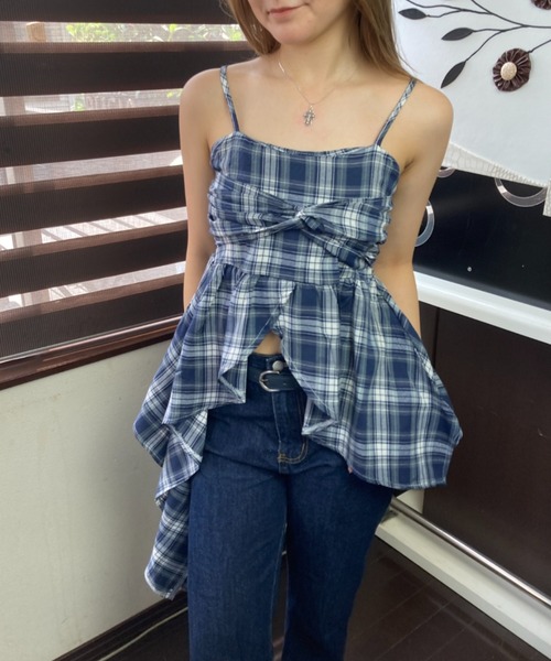 tolene(トレネ)の「タータンチェック柄 アシンメトリーペプラムフレア ビスチェ キャミソール(キャミソール・レディース・イエロー/ネイビー・FREE)」の3枚目の写真