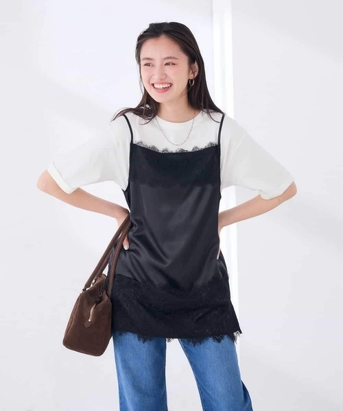 a.v.v(アーヴェヴェ)の「サテン レースキャミ(Tシャツ/カットソー・レディース・ブラウン/ブラック・39)」の2枚目の写真