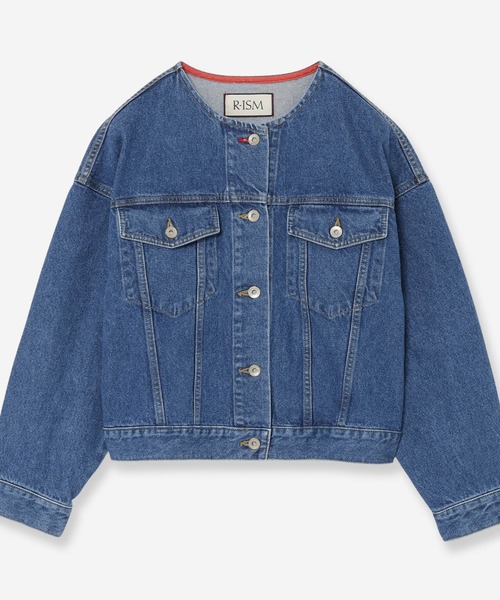 R-ISM(リズム)の「【JAPAN DENIM】ノーカラーデニムブルゾン(デニムジャケット・レディース・ブラック/ブルー・4)」の2枚目の写真