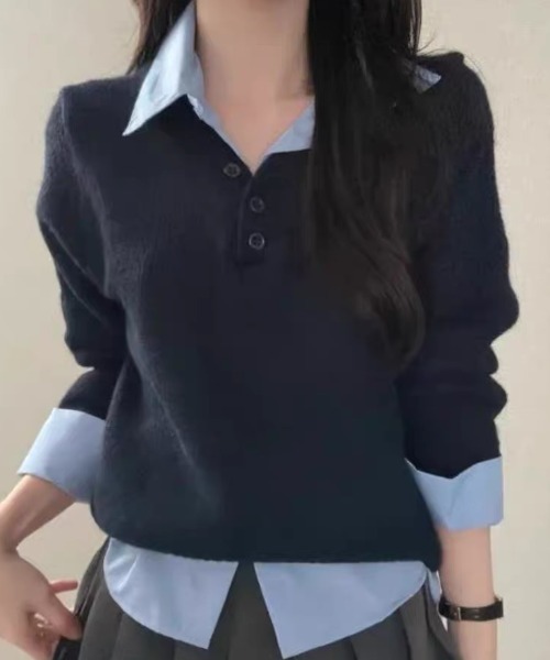 SHERU(シェル)の「スキッパーシャツレイヤードニット(ニット/セーター・レディース・ベージュ/ネイビー/ブラウン/グレー・M)」の8枚目の写真