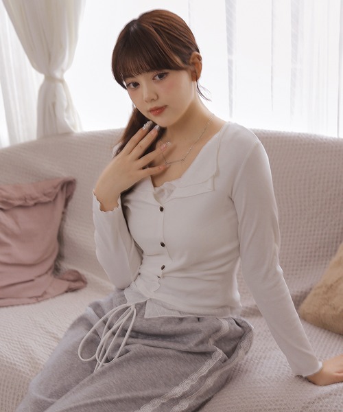 Anely(アネリー)の「フェイクレイヤード 襟付き ボタン フィット トップス(Tシャツ/カットソー・レディース・ホワイト/チャコールグレー・FREE)」の10枚目の写真