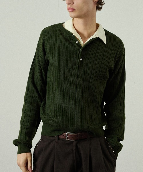 Adoon plain（アドーンプレーン）の「Snap Button Rib Henry Neck Knit / スナップボタンリブヘンリーネックニット（ニット/セーター・メンズ・アイボリー/チャコールグレー/ブラウン/ライトグレー/ブラック/ボルドー/ブルー/オリーブ・LARGE/SMALL/MEDIUM）」の6枚目の写真
