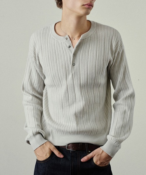 Adoon plain（アドーンプレーン）の「Snap Button Rib Henry Neck Knit / スナップボタンリブヘンリーネックニット（ニット/セーター・メンズ・アイボリー/チャコールグレー/ブラウン/ライトグレー/ブラック/ボルドー/ブルー/オリーブ・LARGE/SMALL/MEDIUM）」の2枚目の写真
