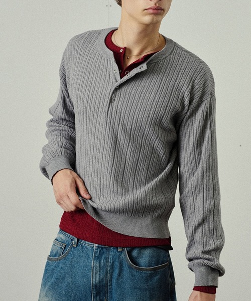 Adoon plain（アドーンプレーン）の「Snap Button Rib Henry Neck Knit / スナップボタンリブヘンリーネックニット（ニット/セーター・メンズ・アイボリー/チャコールグレー/ブラウン/ライトグレー/ブラック/ボルドー/ブルー/オリーブ・LARGE/SMALL/MEDIUM）」の4枚目の写真