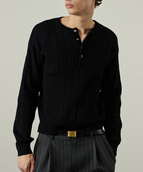 Adoon plain（アドーンプレーン）の「Snap Button Rib Henry Neck Knit / スナップボタンリブヘンリーネックニット（ニット/セーター・メンズ・アイボリー/チャコールグレー/ブラウン/ライトグレー/ブラック/ボルドー/ブルー/オリーブ・LARGE/SMALL/MEDIUM）」の3枚目の写真