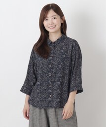 綿レーヨンシアサッカー花柄プリントブラウス