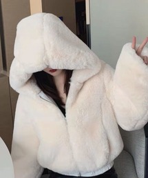 フード付き フェイクファーショートブルゾン