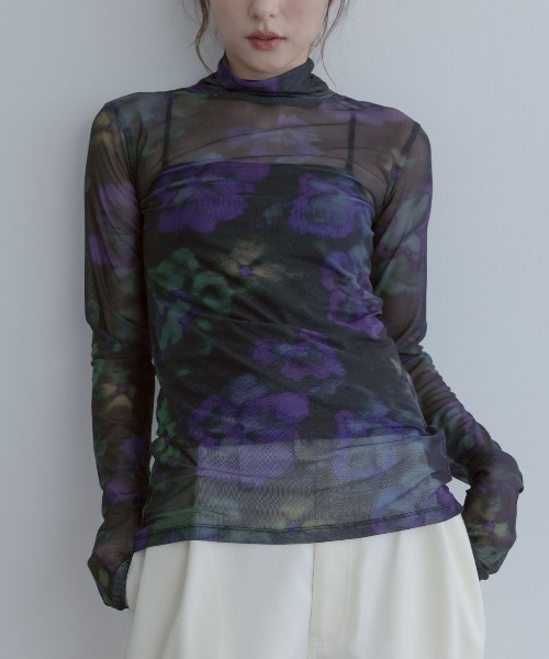 W:Huku(フーク)の「【ストレッチ メッシュ】ハイネック プリント トップス / Stretch Mesh High-Neck Printed Top(Tシャツ/カットソー・レディース・ブラウン/ブラック・FREE)」の3枚目の写真
