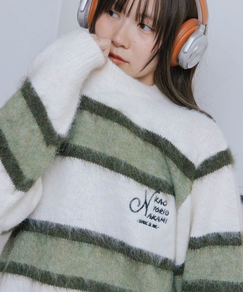 kaoyorinakami(カオヨリナカミ)の「logo multborder knit / ロゴマルチボーダーニット(ニット/セーター・メンズ・グリーン/ブラック/ブラウン・SMALL/X-LARGE/LARGE/MEDIUM)」の3枚目の写真