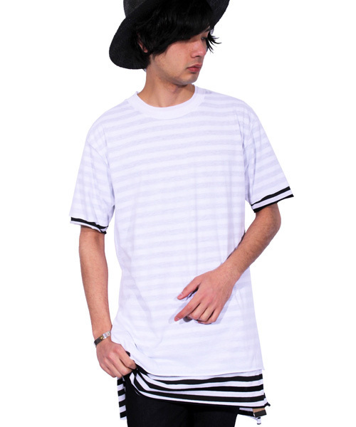 8(eight)(エイト)の「ロング丈 半袖 Tシャツ ボーダー タンクトップ付き(タンクトップ・メンズ・グレー/ブラック/ホワイト・MEDIUM/LARGE)」の2枚目の写真