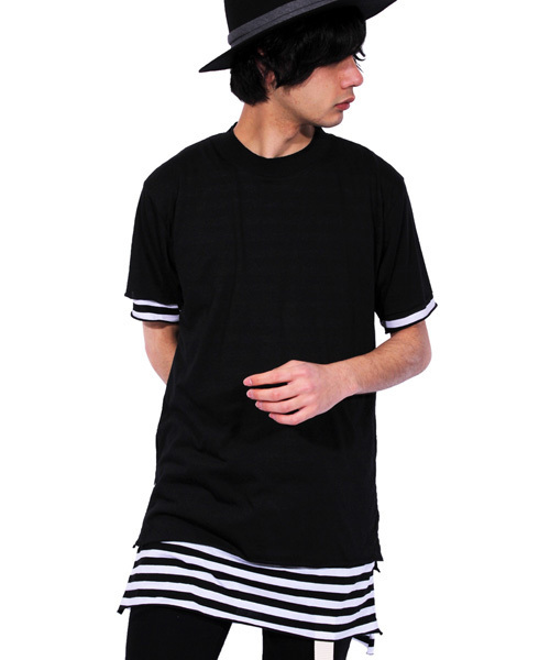 8(eight)(エイト)の「ロング丈 半袖 Tシャツ ボーダー タンクトップ付き(タンクトップ・メンズ・グレー/ブラック/ホワイト・MEDIUM/LARGE)」の3枚目の写真