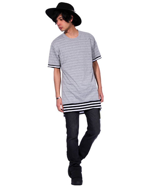 8(eight)(エイト)の「ロング丈 半袖 Tシャツ ボーダー タンクトップ付き(タンクトップ・メンズ・グレー/ブラック/ホワイト・MEDIUM/LARGE)」の6枚目の写真