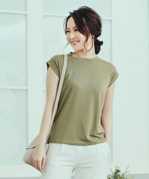 KOBE LETTUCE（コウベレタス）の「[無地orボーダー柄]フレンチスリーブシンプルTシャツ/レディーストップス[C3156]神戸レタス（Tシャツ/カットソー・レディース・チャコールグレー/カーキ/ネイビー/ベージュ/ブラック/ピンク/オフホワイト/その他/グレー/ライトブルー・FREE）」の7枚目の写真