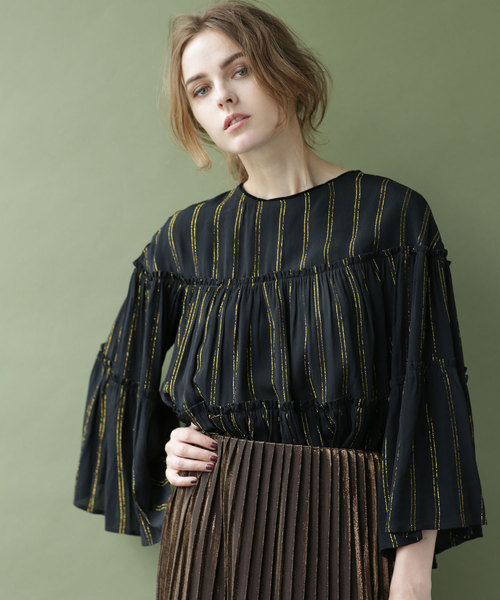 NE QUITTEZ PAS　 lurex stripe one piece Cotton Lurex Stripe Frill Sleeve Dress | Pasand by ne