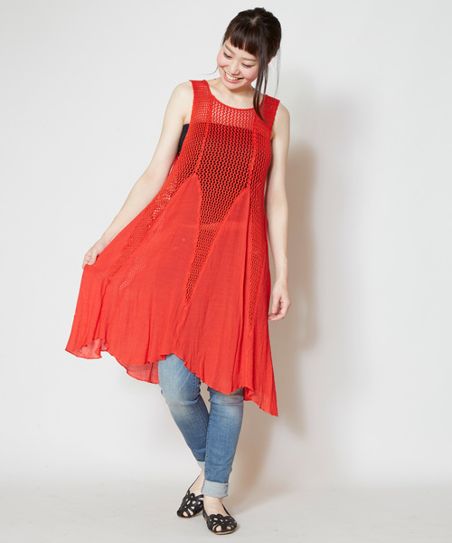 チャイハネ(チャイハネ)の「【チャイハネ】メッシュノースリーブワンピース(チュニック・レディース・ブラック/レッド/ブルー/グリーン・FREE)」の11枚目の写真