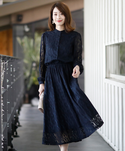 結婚式ワンピースドレススタンドカラーミモレ丈&袖あり大きいサイズ