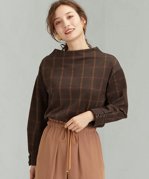 green label relaxing(グリーンレーベルリラクシング)の「FFC チェック ジャカード ボートネック カットソー(Tシャツ/カットソー・レディース・ベージュ/ブラウン・FREE)」の1枚目の写真