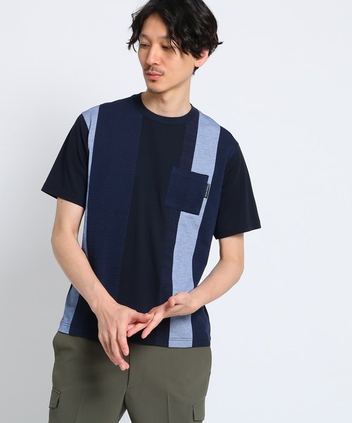TAKEO KIKUCHI(タケオキクチ)の「【Sサイズ~】ストライプ切り替え クルーネックポケットTシャツ(Tシャツ/カットソー)」|ネイビー系2