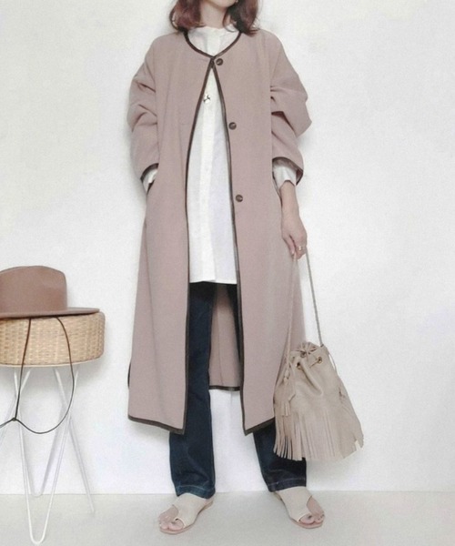 feepur（フェピュール）の「パイピングコート（ノーカラーコート・レディース・ベージュ/モカ/ピンクベージュ・MEDIUM）」の3枚目の写真